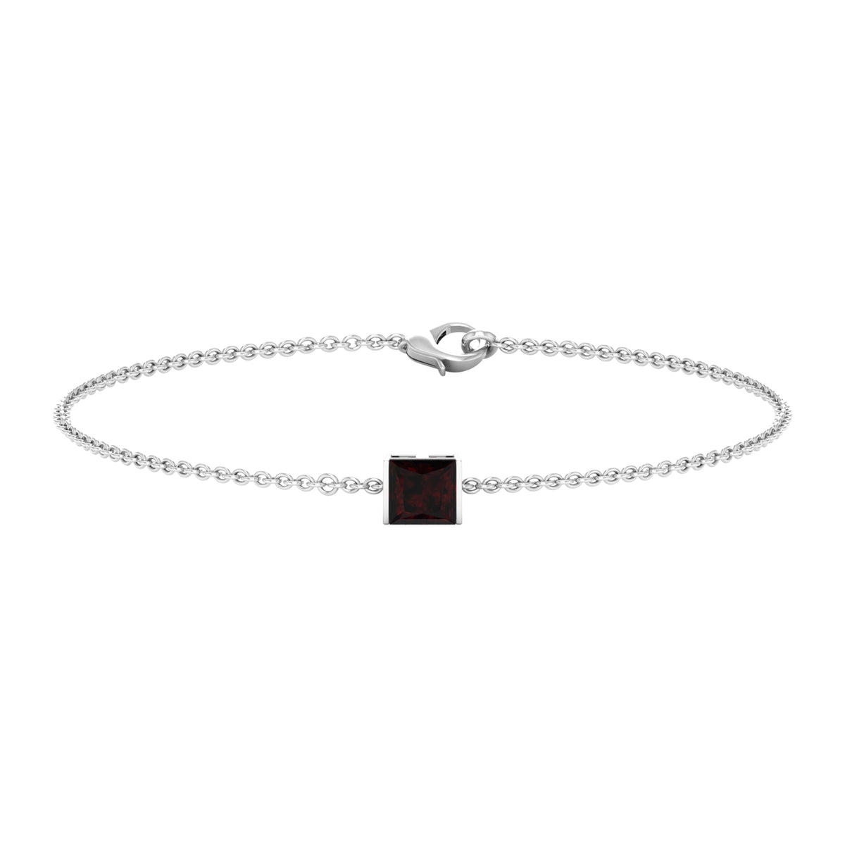 Genuine 1.4 carat princess cut garnet solitaire chain bracelet by Rosec Jewels showing the elegant gemstone and chain design.