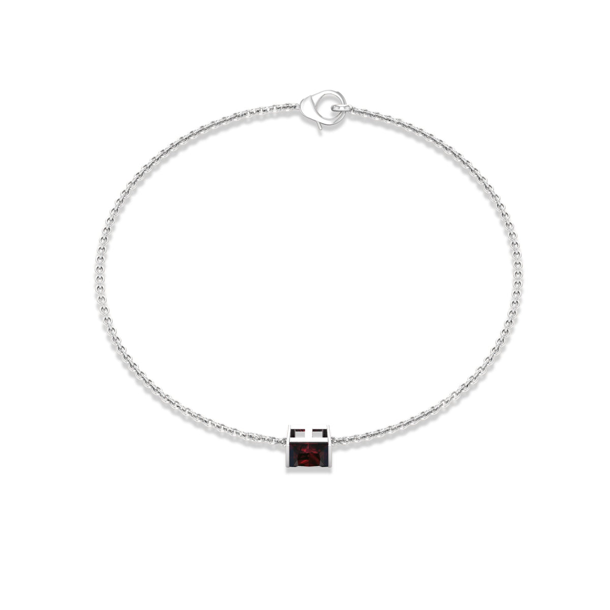 Genuine 1.4 carat princess cut garnet solitaire chain bracelet by Rosec Jewels featuring a sparkling garnet gemstone and delicate chain.
