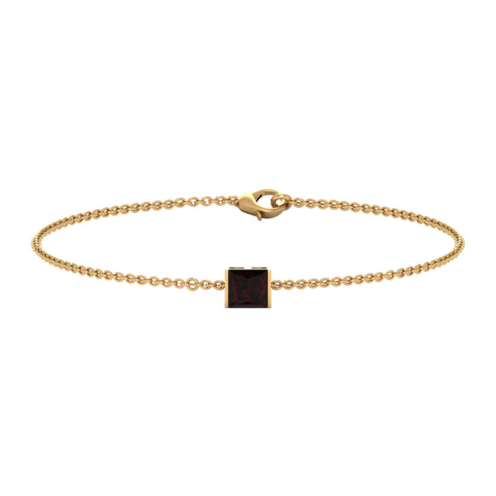 Genuine 1.4 carat princess cut garnet solitaire chain bracelet by Rosec Jewels, showcasing a sparkling garnet gemstone on a delicate chain.