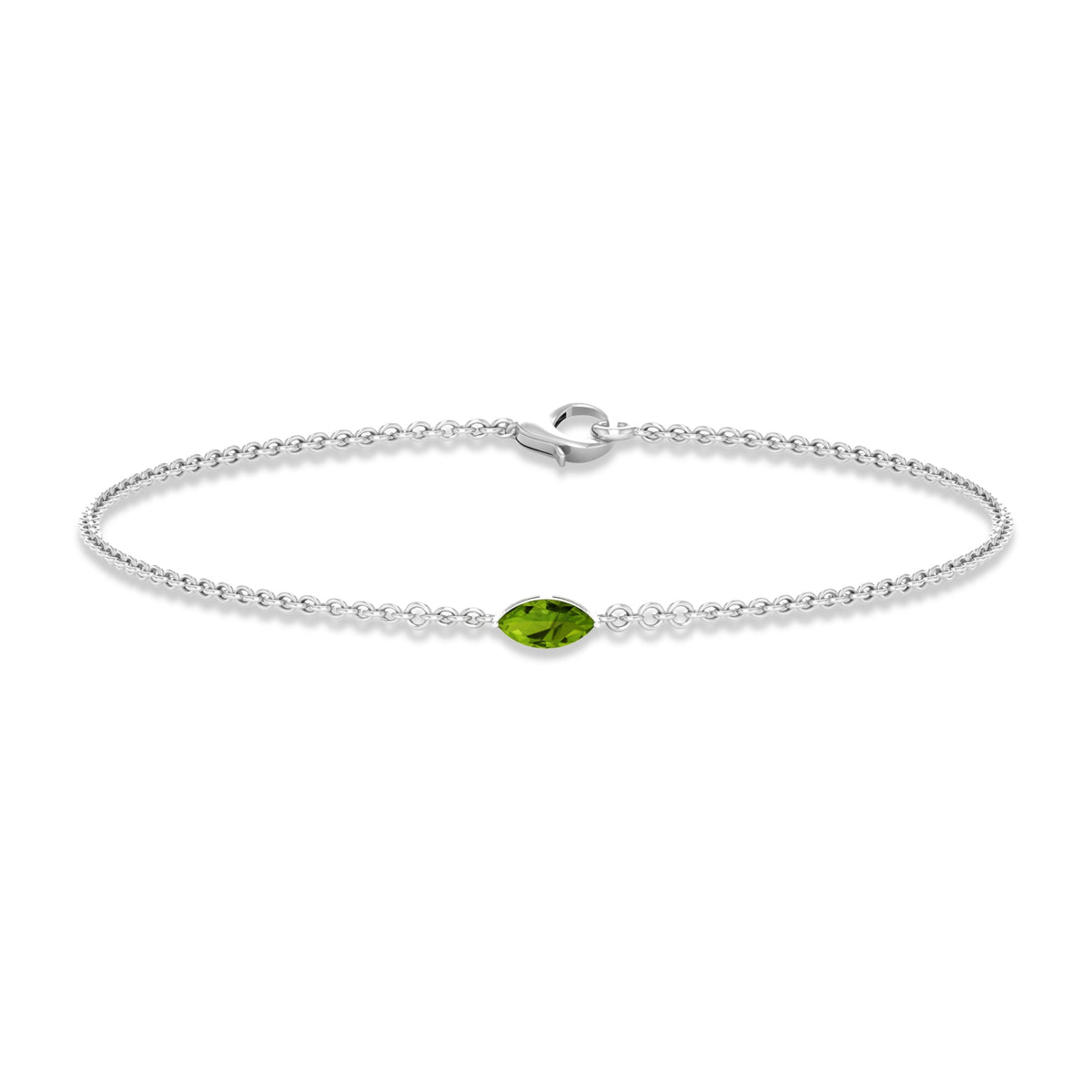 Genuine 0.74 carat marquise cut peridot solitaire chain bracelet by Rosec Jewels featuring a delicate gold link design
