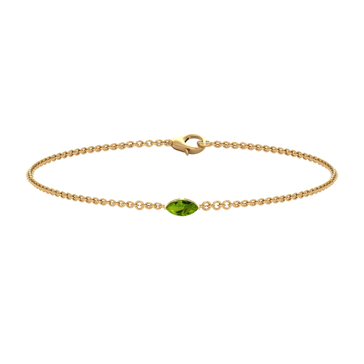Genuine 0.74 carat marquise cut peridot solitaire chain bracelet by Rosec Jewels featuring a delicate gold chain and vibrant green gemstone.