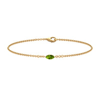 Genuine 0.74 carat marquise cut peridot solitaire chain bracelet by Rosec Jewels featuring a delicate gold chain and vibrant green gemstone.