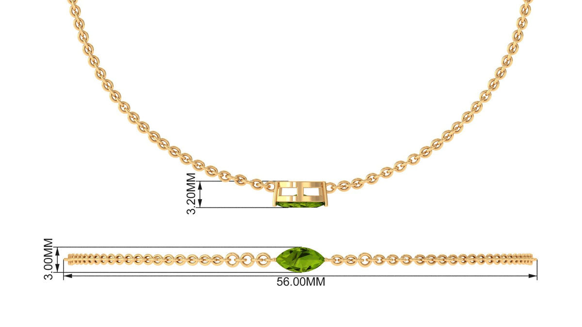 Genuine 0.74 carat marquise cut peridot solitaire chain bracelet by Rosec Jewels, showcasing a delicate gold chain with a sparkling peridot gemstone.