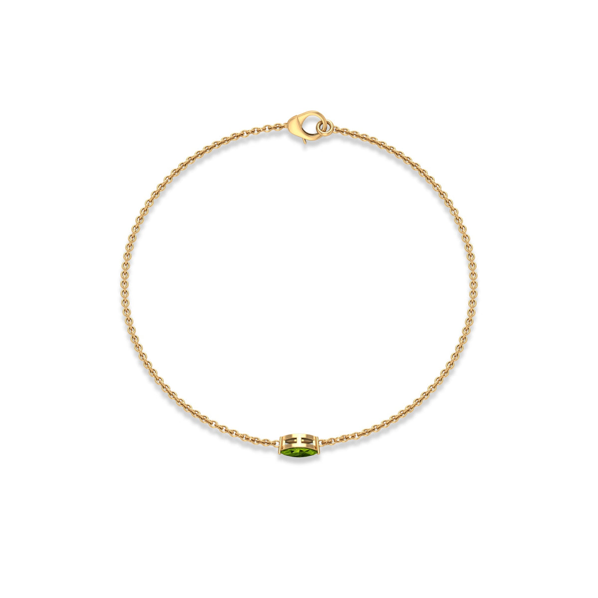 Genuine 0.74 carat marquise cut peridot solitaire bracelet by Rosec Jewels showing the elegant chain and sparkling gemstone.