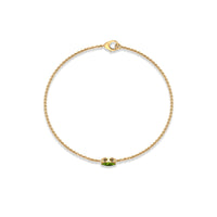 Genuine 0.74 carat marquise cut peridot solitaire bracelet by Rosec Jewels showing the elegant chain and sparkling gemstone.