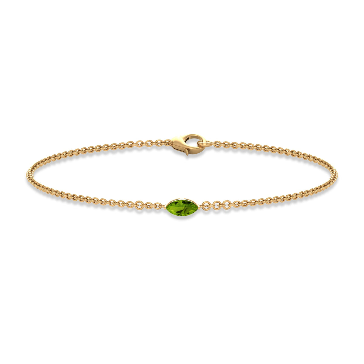 Genuine 0.74 carat marquise cut solitaire peridot chain bracelet by Rosec Jewels with silver-tone links and a secure clasp.
