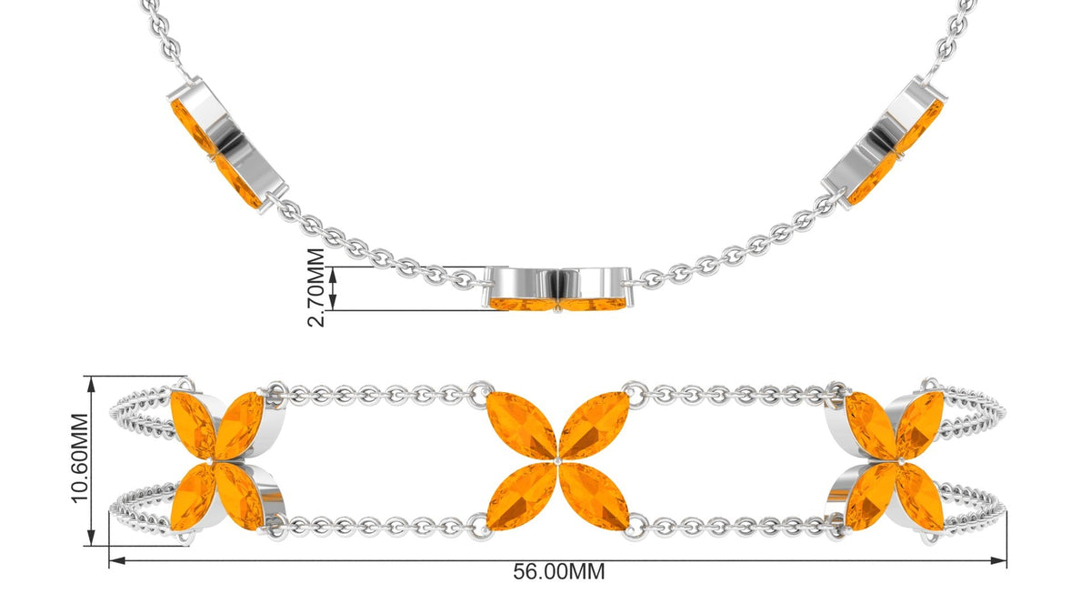 Marquise cut fire opal flower chain bracelet by Rosec Jewels featuring vibrant orange gemstones and delicate silver links.