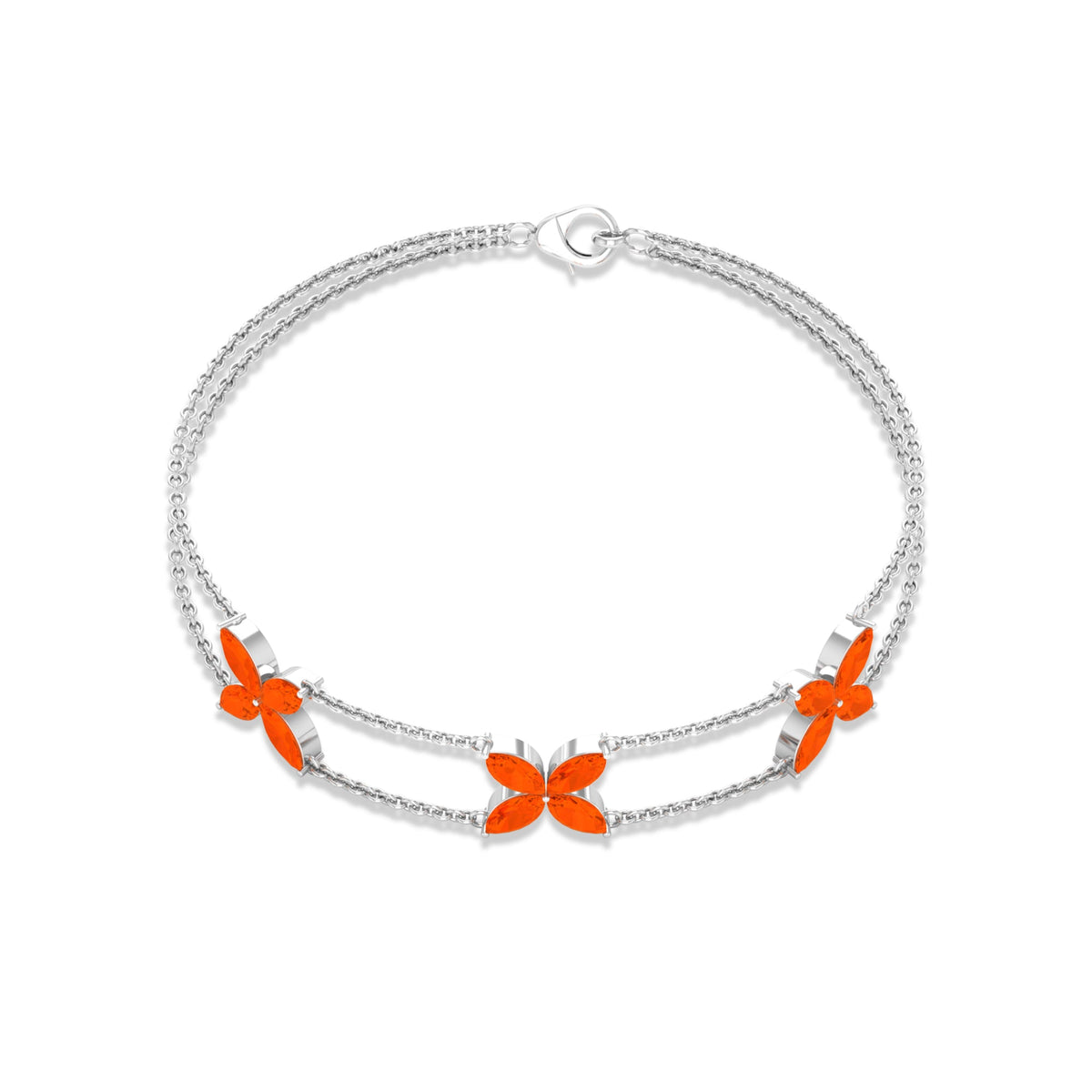 Marquise cut fire opal flower chain bracelet by Rosec Jewels featuring vibrant orange gemstones and delicate floral design.