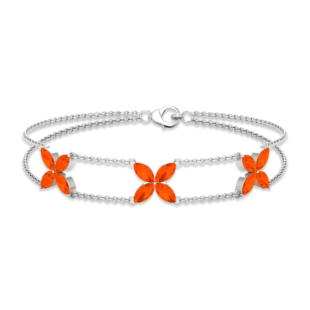 Marquise cut fire opal flower chain bracelet by Rosec Jewels featuring vibrant orange gemstones and delicate linked design.