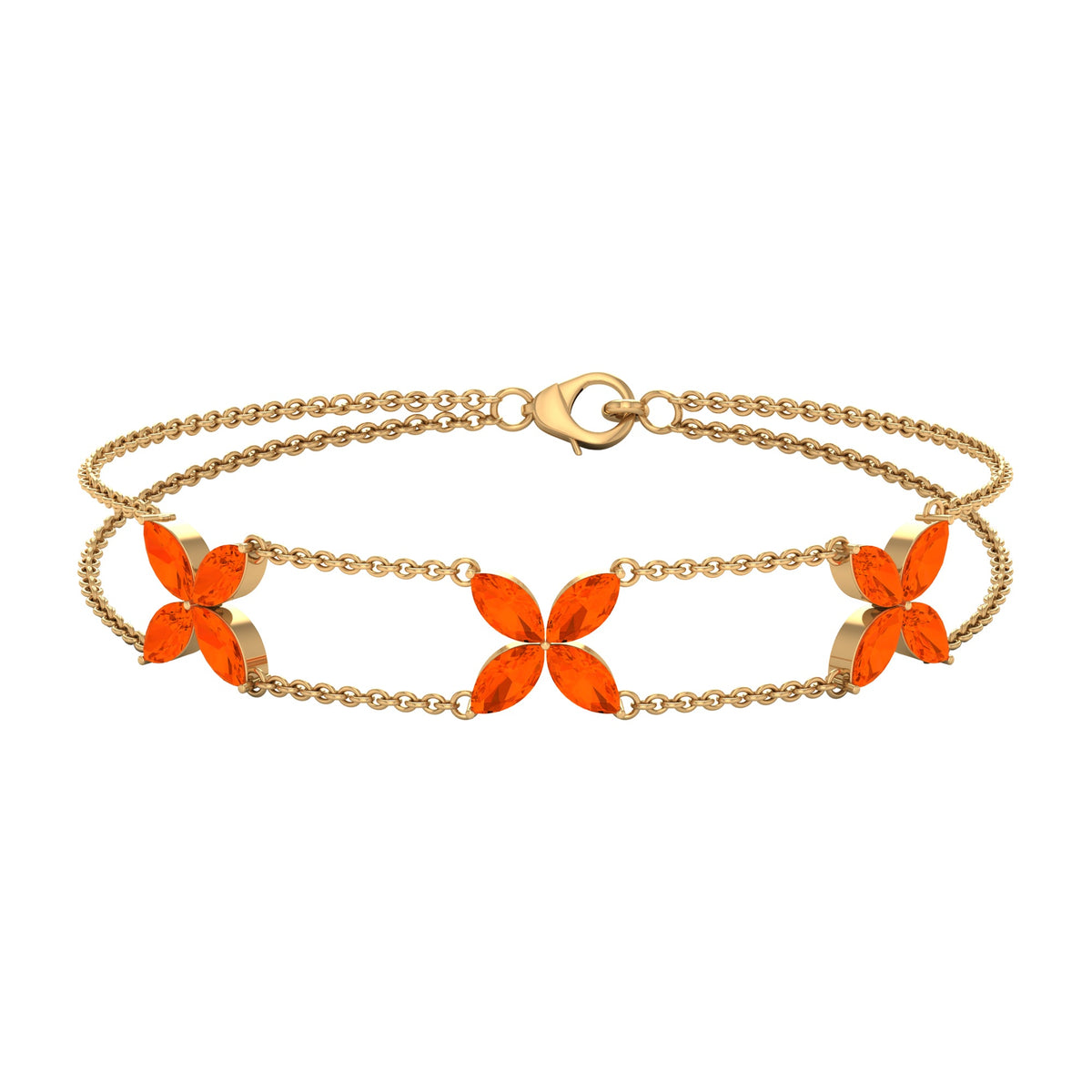 Marquise cut fire opal flower chain bracelet by Rosec Jewels featuring vibrant orange gemstones and delicate chain links.