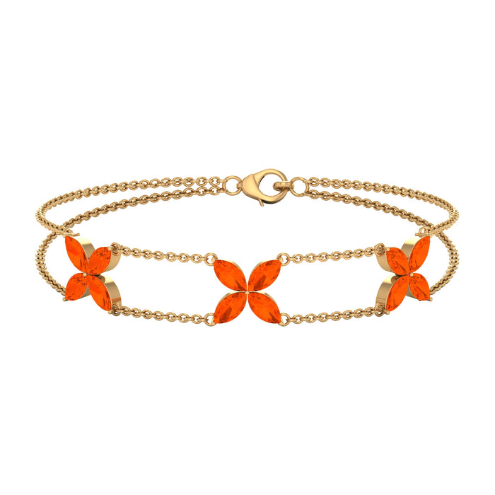 Marquise cut fire opal flower chain bracelet by Rosec Jewels featuring vibrant orange gemstones and delicate chain links.