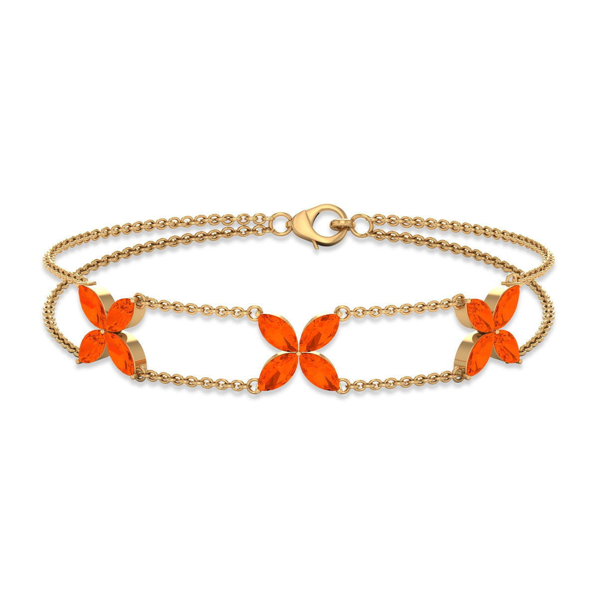 Marquise cut fire opal flower chain bracelet by Rosec Jewels featuring vibrant orange gemstones and delicate gold links.