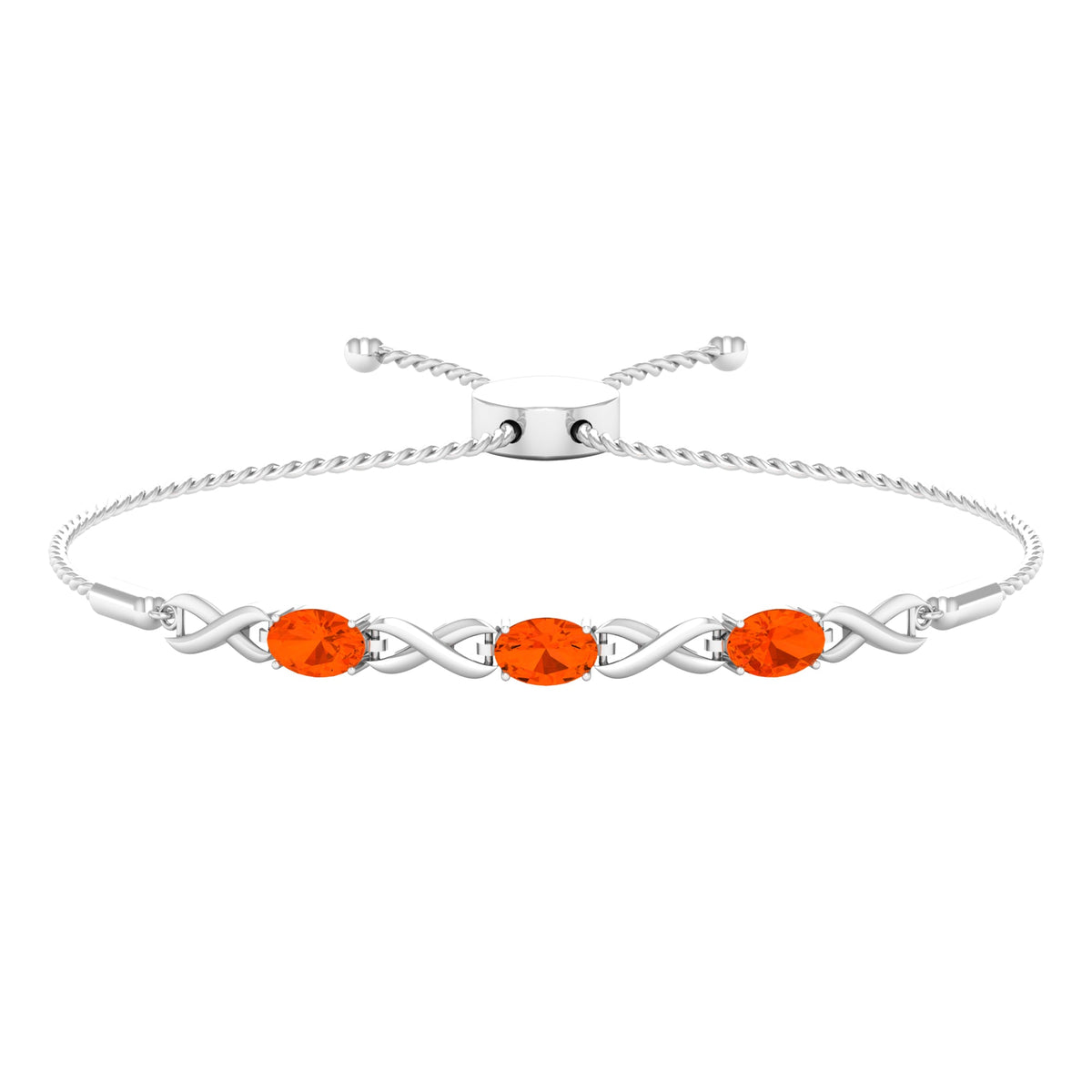 Natural 1.95 carat oval fire opal infinity bolo bracelet for women by Rosec Jewels, featuring a sparkling fire opal centerpiece and adjustable design.