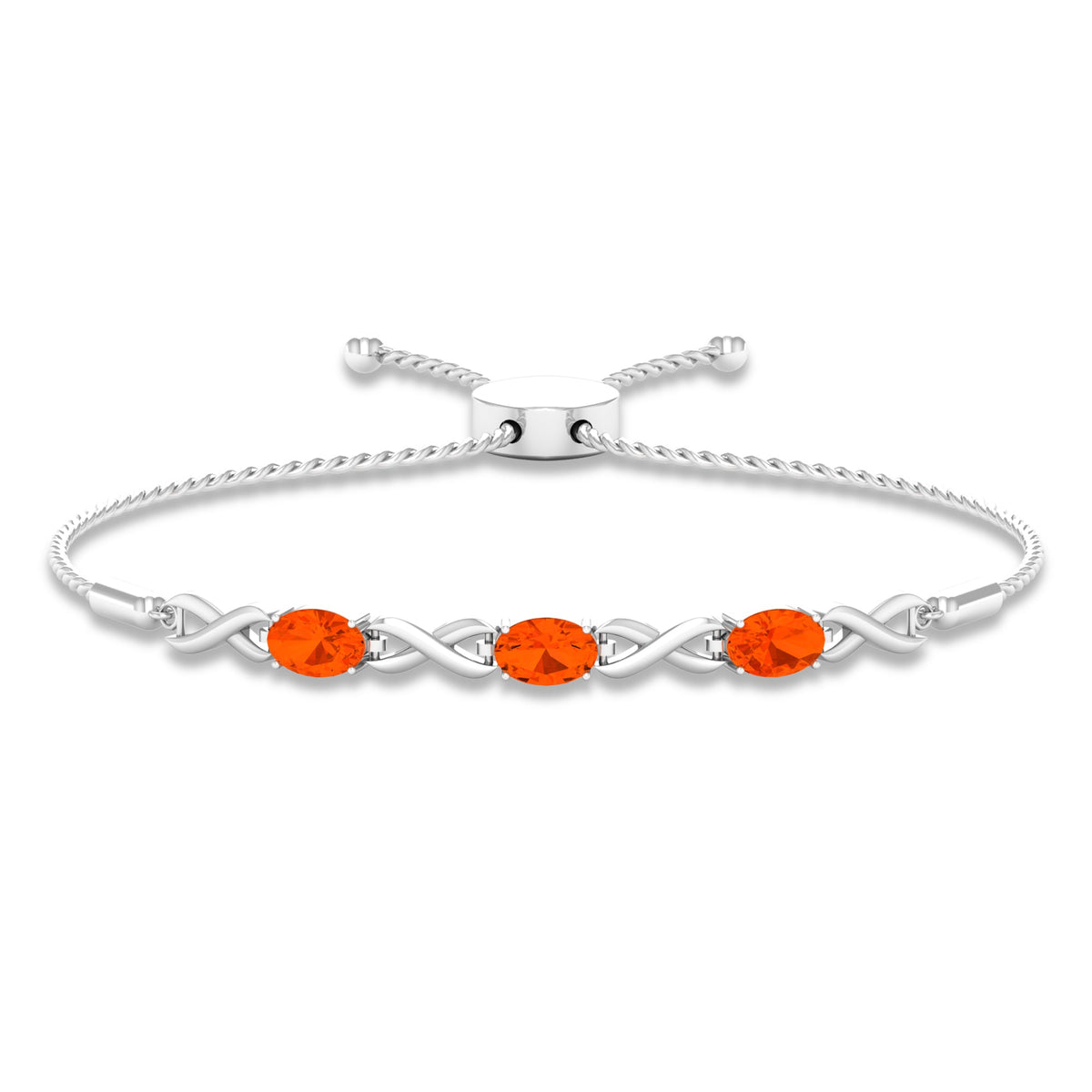 Natural 1.95 carat oval fire opal infinity bolo bracelet for women by Rosec Jewels, featuring a polished silver-tone design.
