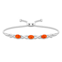 Natural 1.95 carat oval fire opal infinity bolo bracelet for women by Rosec Jewels, featuring a polished silver-tone design.