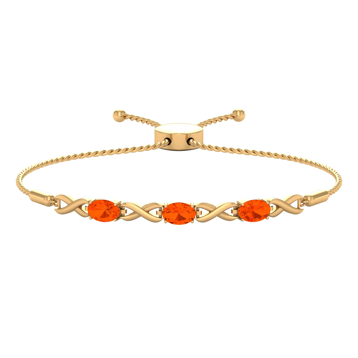 Natural 1.95 carat oval fire opal infinity bolo bracelet for women by Rosec Jewels, featuring a delicate gemstone design.