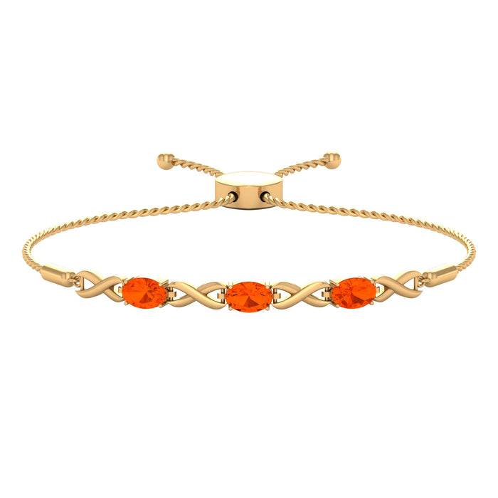 Natural 1.95 carat oval fire opal infinity bolo bracelet for women by Rosec Jewels, featuring a delicate gemstone design.