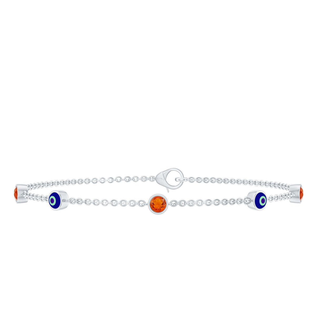Bezel set fire opal evil eye bracelet for women by Rosec Jewels featuring a delicate chain and eye-shaped charm.