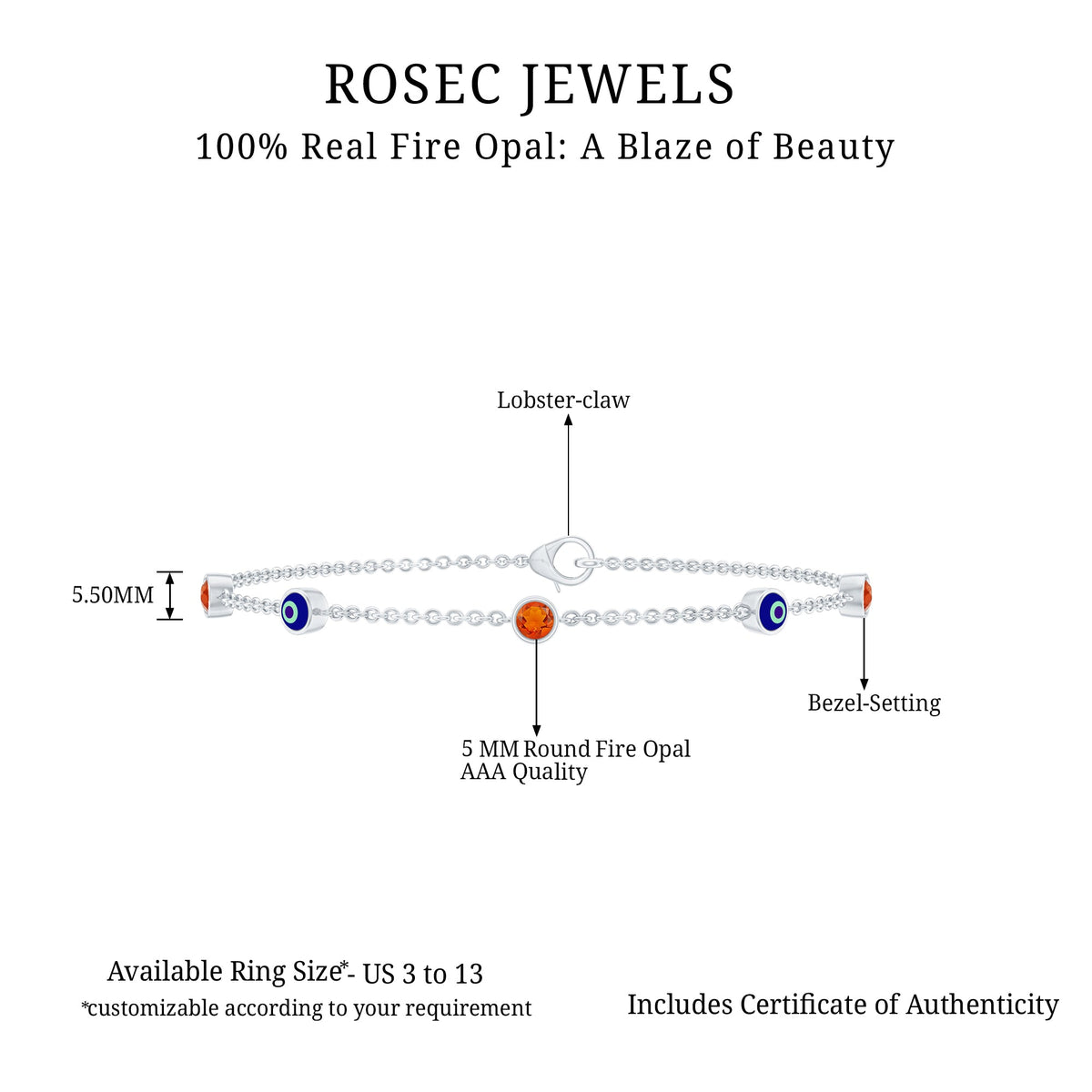 Bezel set fire opal evil eye station bracelet for women by Rosec Jewels, featuring colorful gemstone beads and protective evil eye charms.
