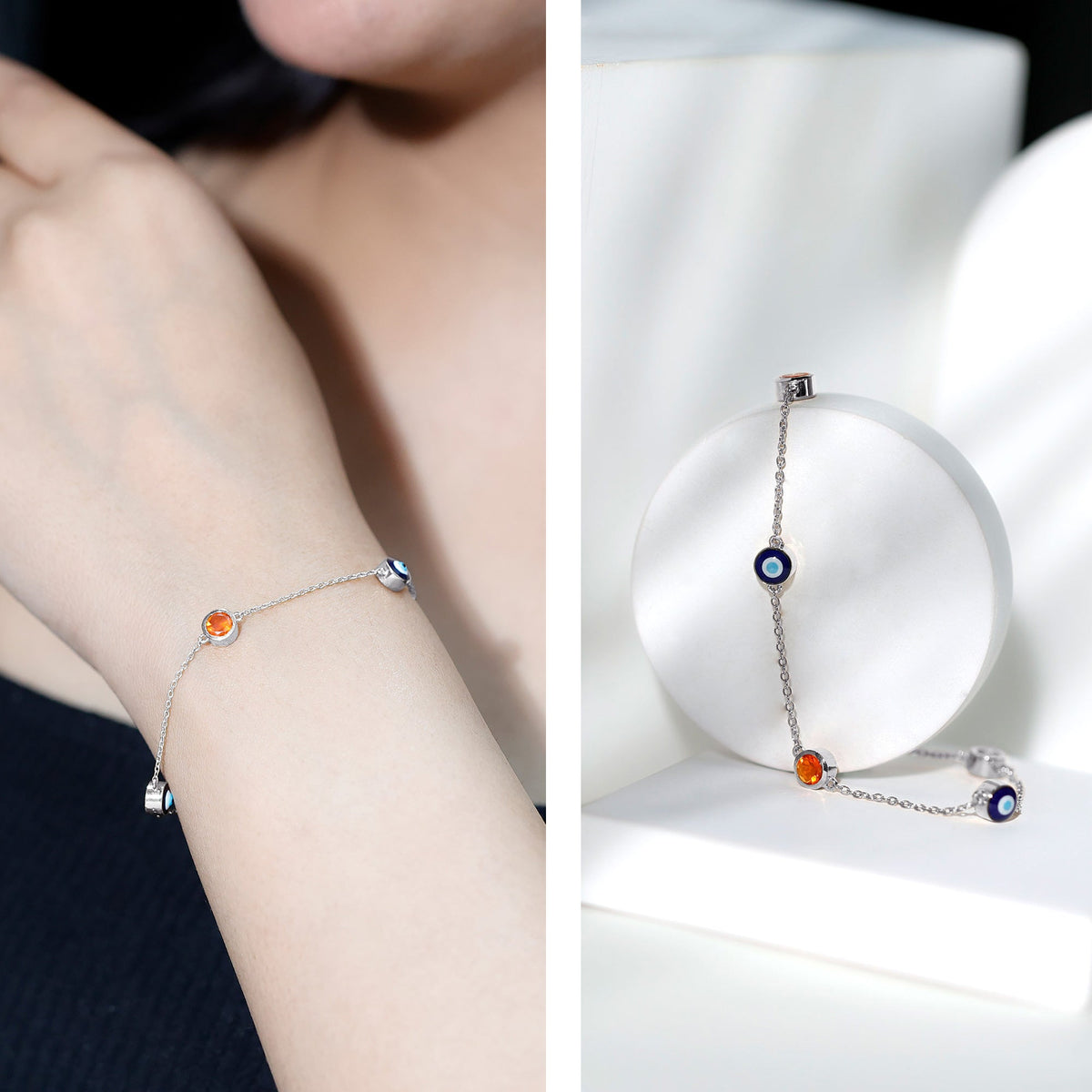 Bezel set fire opal evil eye station bracelet for women by Rosec Jewels, featuring vibrant gemstones on a delicate bracelet.