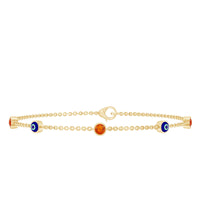 Bezel set fire opal evil eye station bracelet for women by Rosec Jewels, featuring vibrant orange fire opal stones on a delicate bracelet chain.