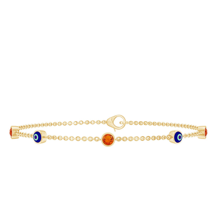 Bezel set fire opal evil eye station bracelet for women by Rosec Jewels, featuring vibrant orange fire opal stones on a delicate bracelet chain.