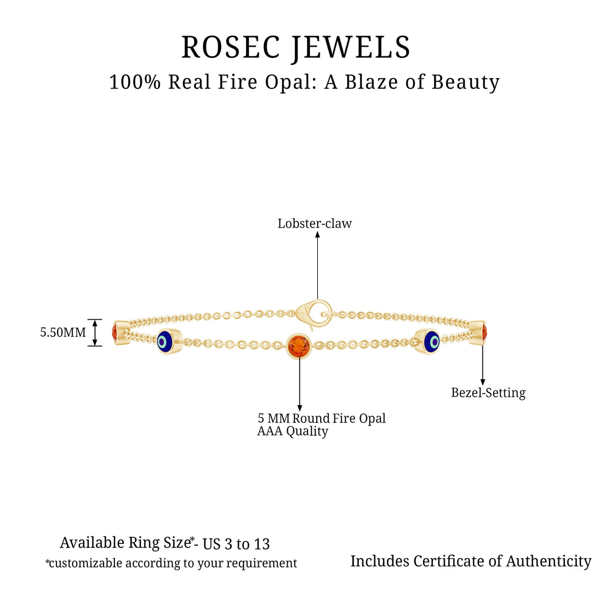 Bezel set fire opal evil eye station bracelet for women by Rosec Jewels, featuring colorful gemstone beads and protective evil eye charms.