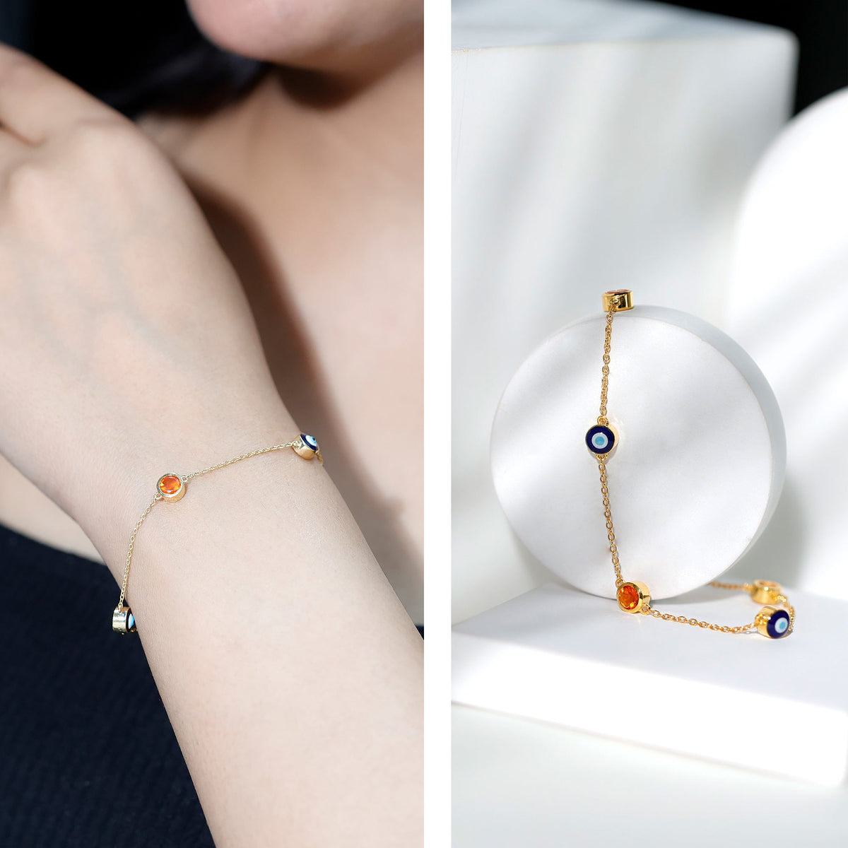 Bezel set fire opal evil eye station bracelet for women by Rosec Jewels, featuring colorful gemstone beads and protective evil eye charms.