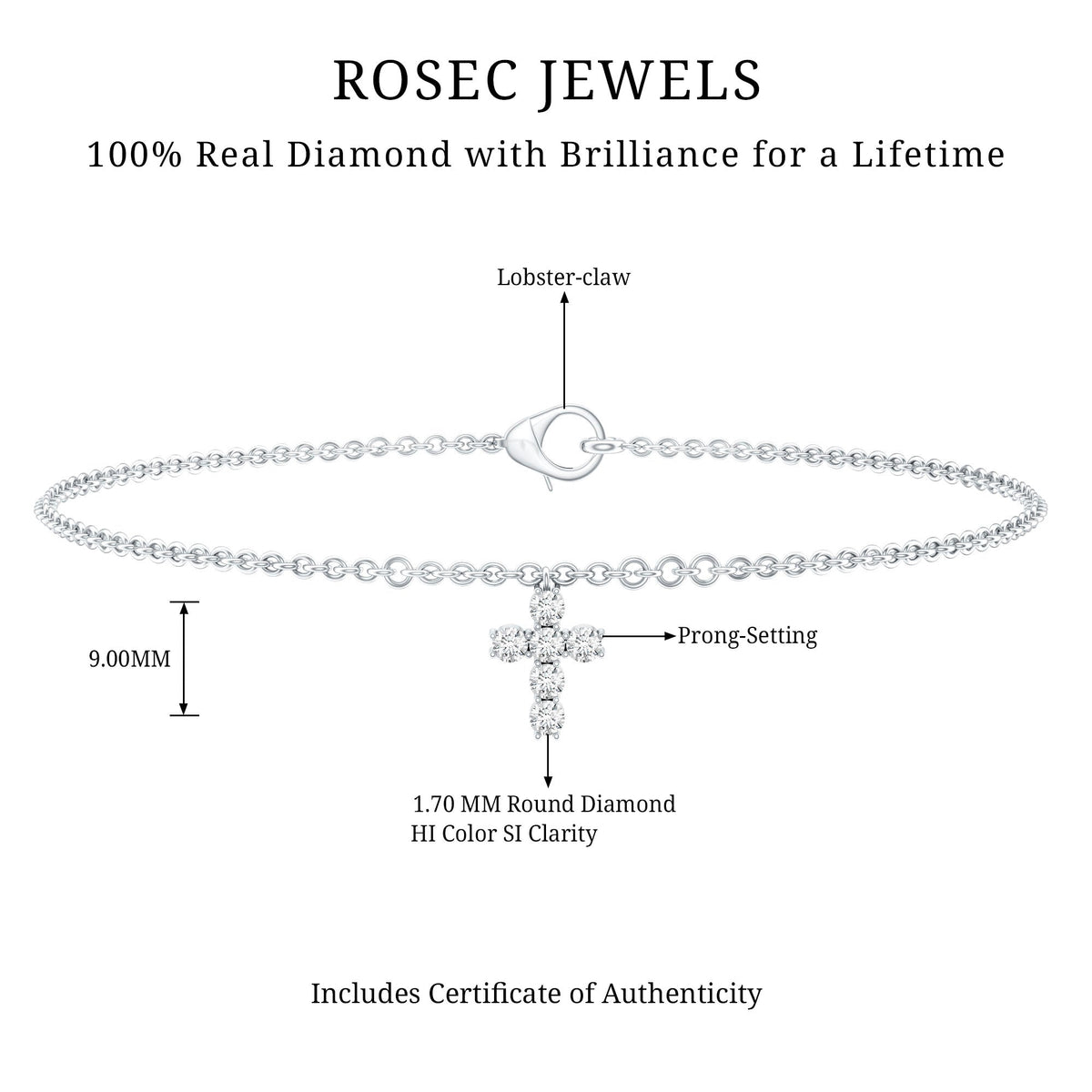 Certified diamond cross chain bracelet by Rosec Jewels featuring sparkling diamonds on a delicate silver bracelet.