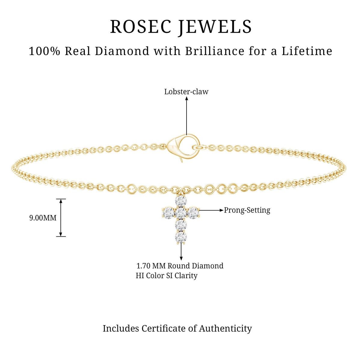Rosec Jewels certified diamond cross chain bracelet with sparkling diamonds and delicate design, perfect for elegant jewelry collection.