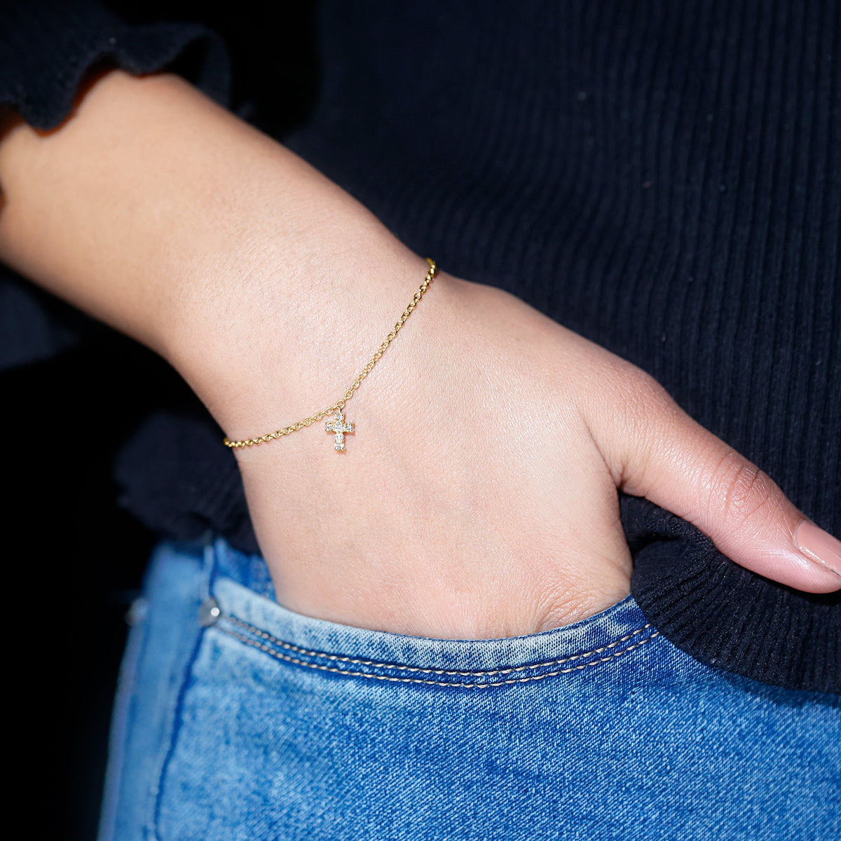 Certified diamond cross bracelet from Rosec Jewels featuring a delicate chain with sparkling diamond cross charms.