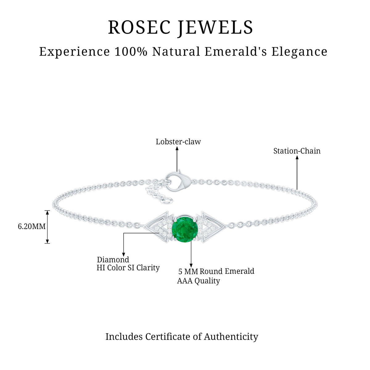 Genuine emerald and diamond chain bracelet for women by Rosec Jewels, featuring sparkling gemstones and elegant design.