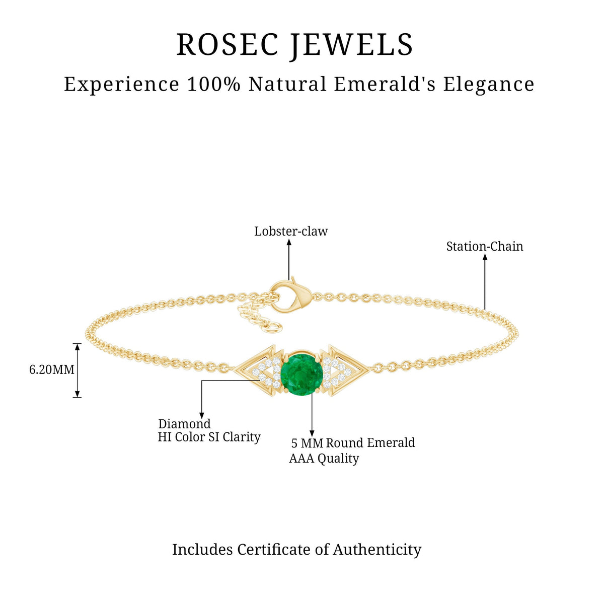 Genuine emerald and diamond chain bracelet for women from Rosec Jewels, featuring sparkling gemstones and elegant design.