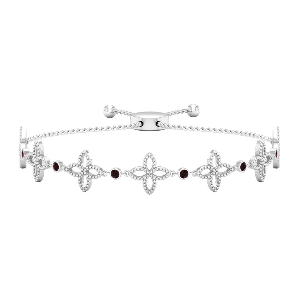 Genuine garnet flower bracelet with bolo chain from Rosec Jewels, featuring vibrant red garnet floral accents and adjustable chain.