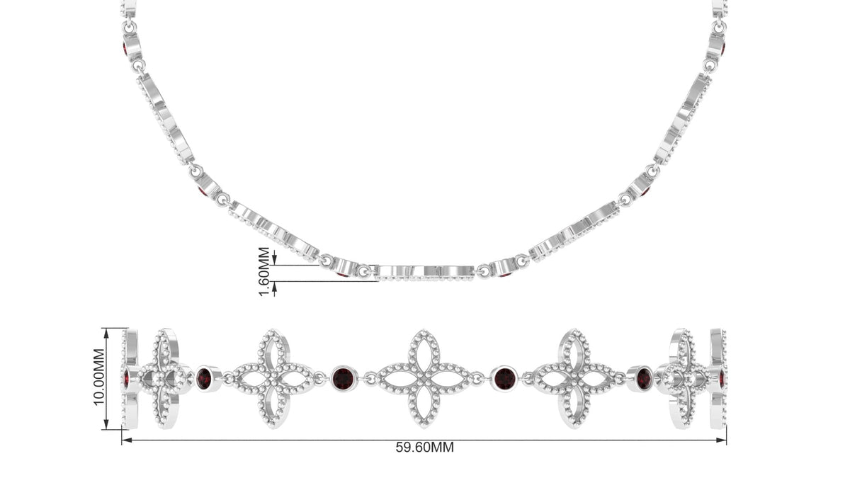 Genuine garnet flower bracelet with bolo chain from Rosec Jewels, featuring vibrant red garnet flower charms on a delicate chain.