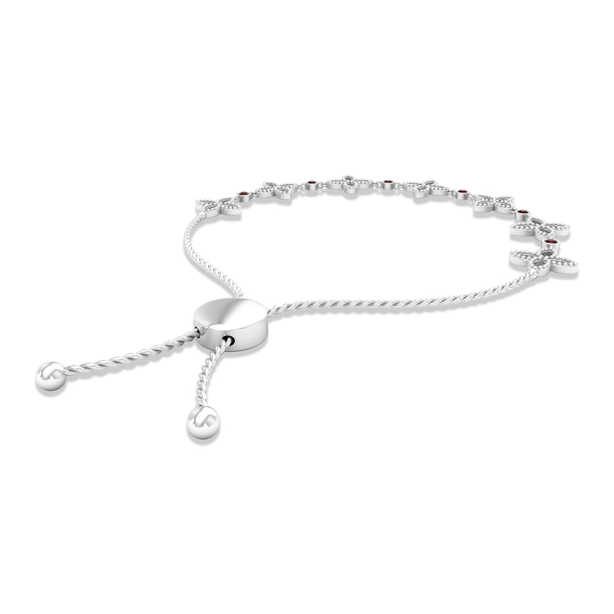 Genuine garnet flower bracelet with bolo chain from Rosec Jewels, featuring red gemstone flowers and adjustable chain detail.