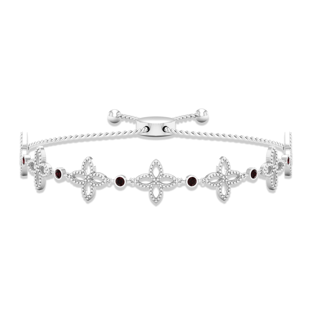 Genuine garnet flower bracelet with bolo chain from Rosec Jewels featuring vibrant red garnet flowers and adjustable chain.
