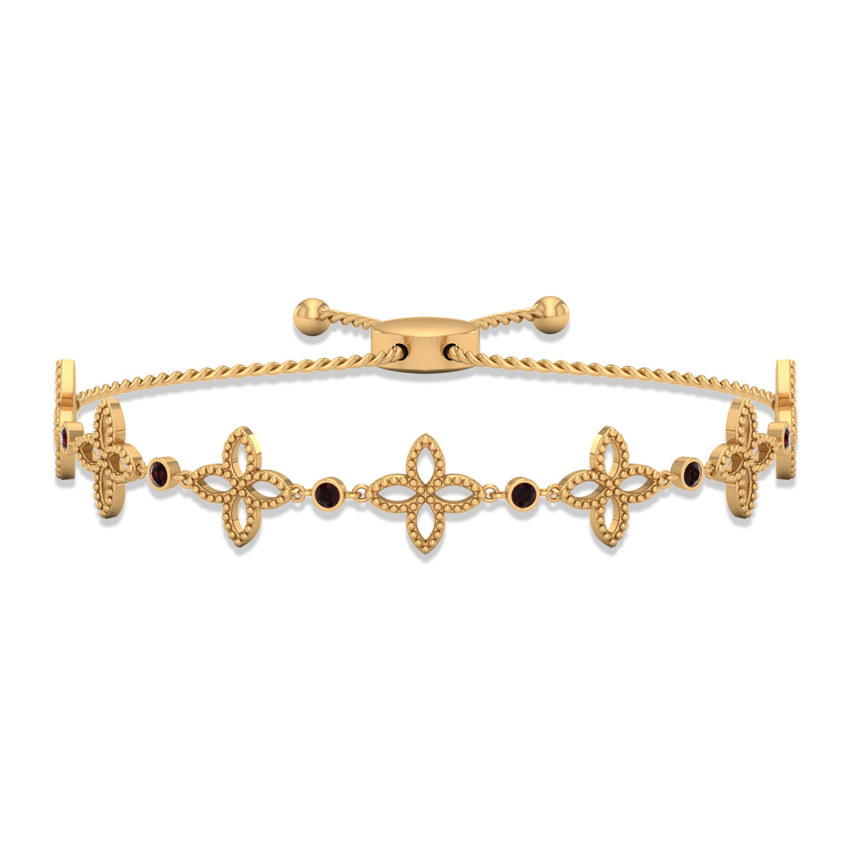 Genuine garnet flower bracelet with bolo chain by Rosec Jewels, featuring vibrant red garnet flower charms on a silver-tone chain.