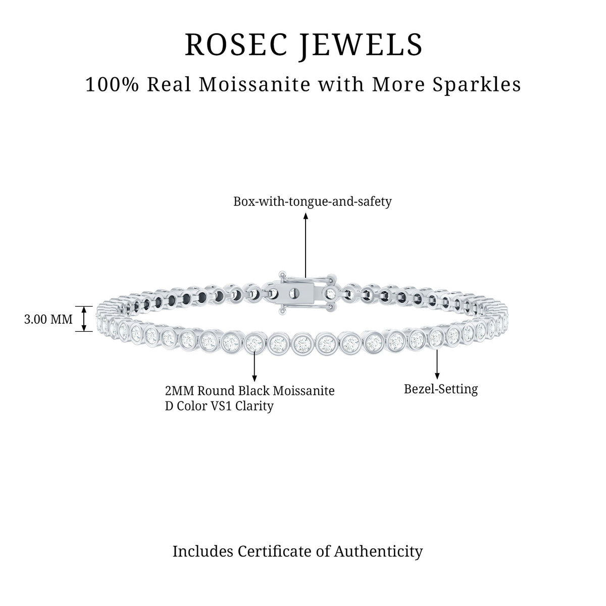 Rosec Jewels Moissanite wedding tennis bracelet for bride featuring sparkling gemstone-studded design on elegant bracelet.