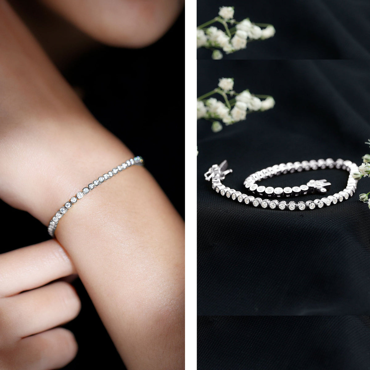 Rosec Jewels moissanite wedding tennis bracelet for bride, featuring sparkling stones and elegant design on a jewelry display