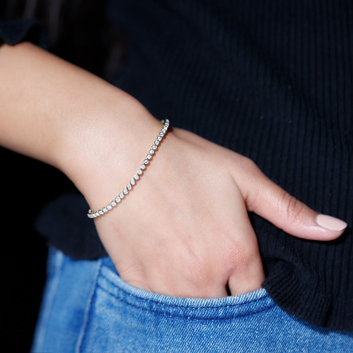 Rosec Jewels certified moissanite wedding tennis bracelet with sparkling stones, perfect for brides.