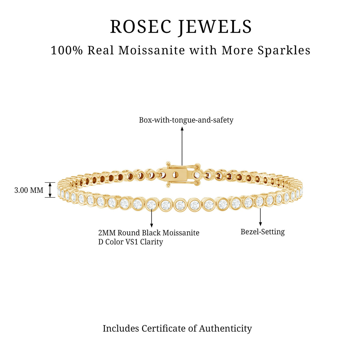 Elegant Rosec Jewels certified moissanite wedding tennis bracelet with sparkling stones, perfect for brides.