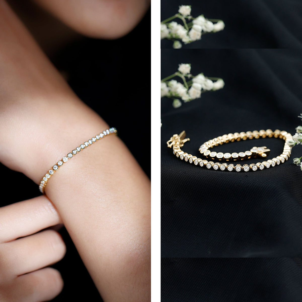 Rosec Jewels certified moissanite wedding tennis bracelet for bride, featuring sparkling gemstones on a delicate bracelet design.