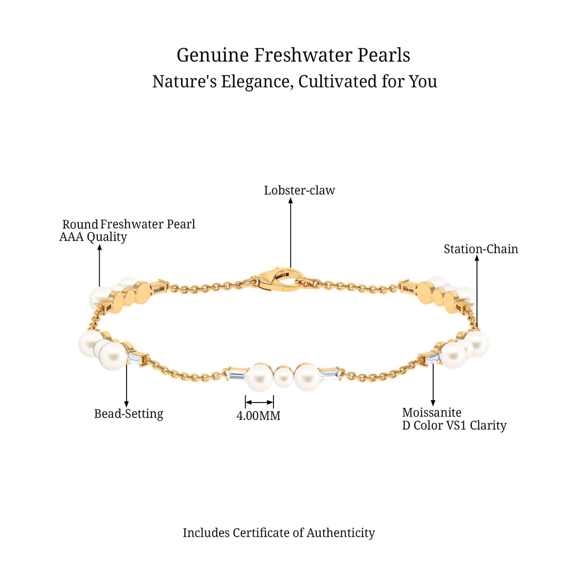 7.4 Carat Certified Freshwater Pearl Station Bracelet with Moissanite