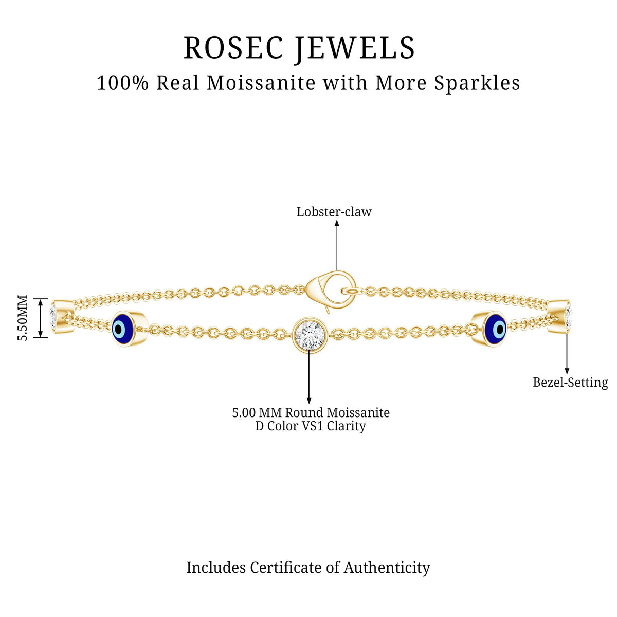 1.5 Carat Certified Moissanite and Evil Eye Station Chain Bracelet