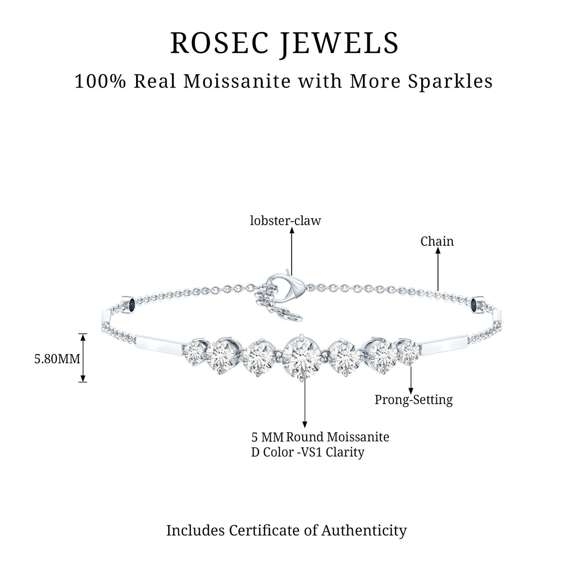 2 Carat Round Moissanite Link Chain Bracelet for Women