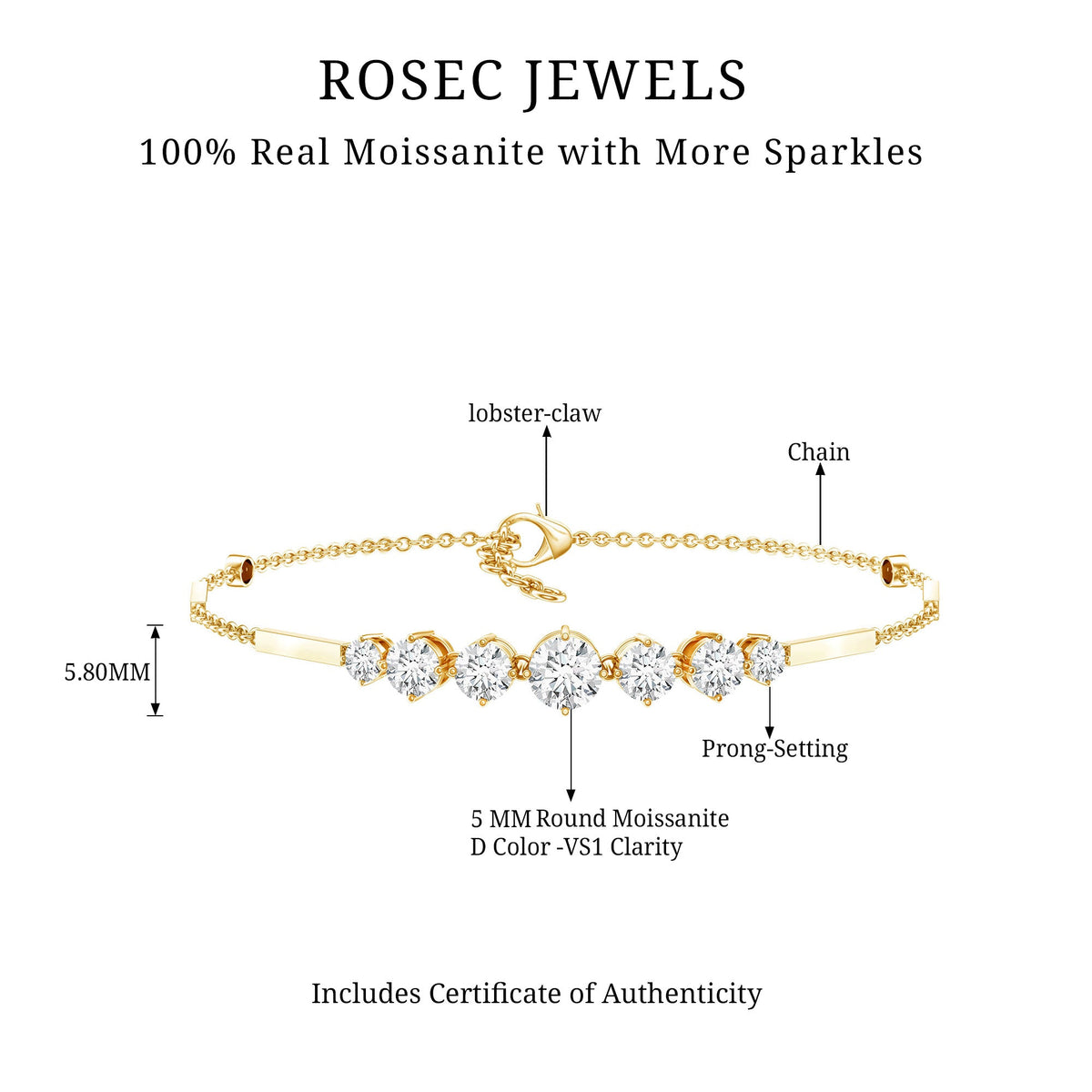 2 Carat Round Moissanite Link Chain Bracelet for Women