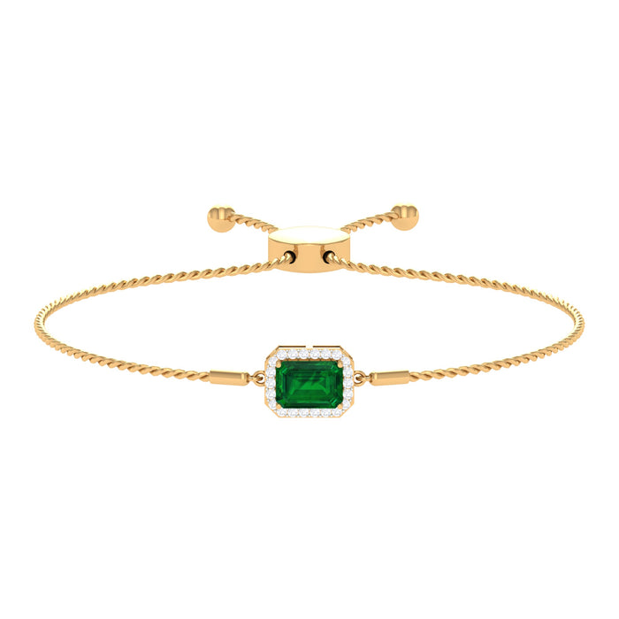 1.6 Carat Emerald Cut Lab Created Emerald Bolo Bracelet with Diamond Halo