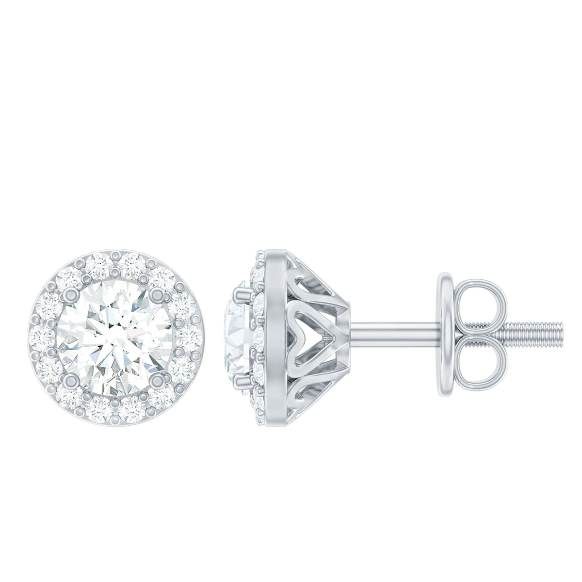 Rosec Jewels 1 CT zircon halo stud earrings featuring classic round design with sparkling stones on a silver setting.