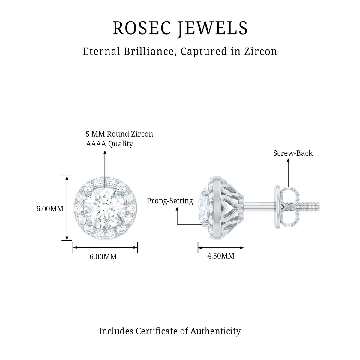 Rosec Jewels 1 CT zircon halo stud earrings with classic design, featuring sparkling zircon stones in a silver-tone setting.